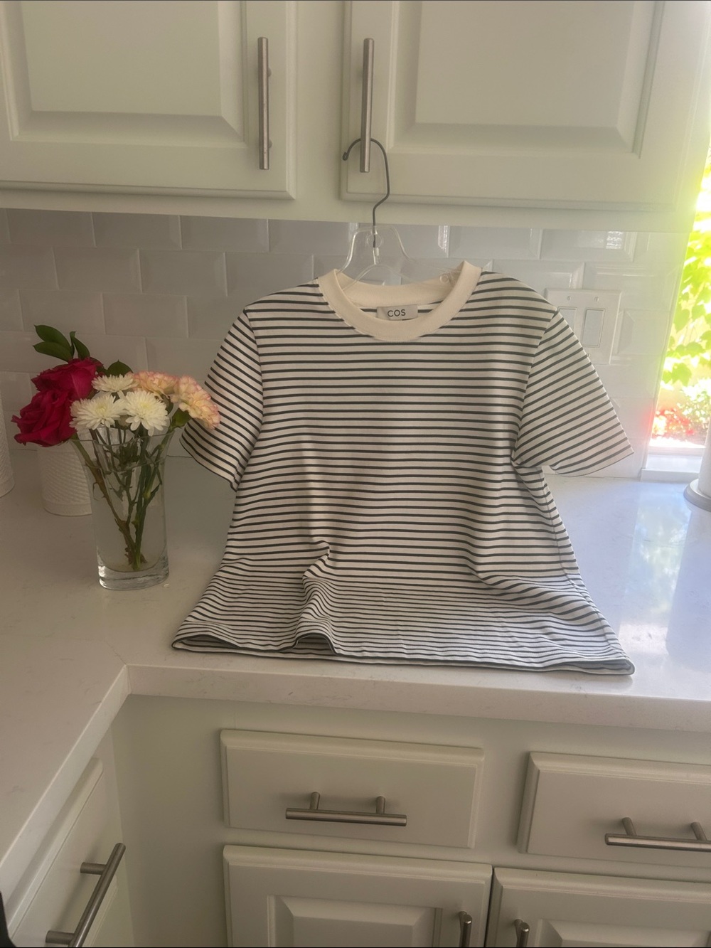 COS White and Black Striped Short Sleeve Tee